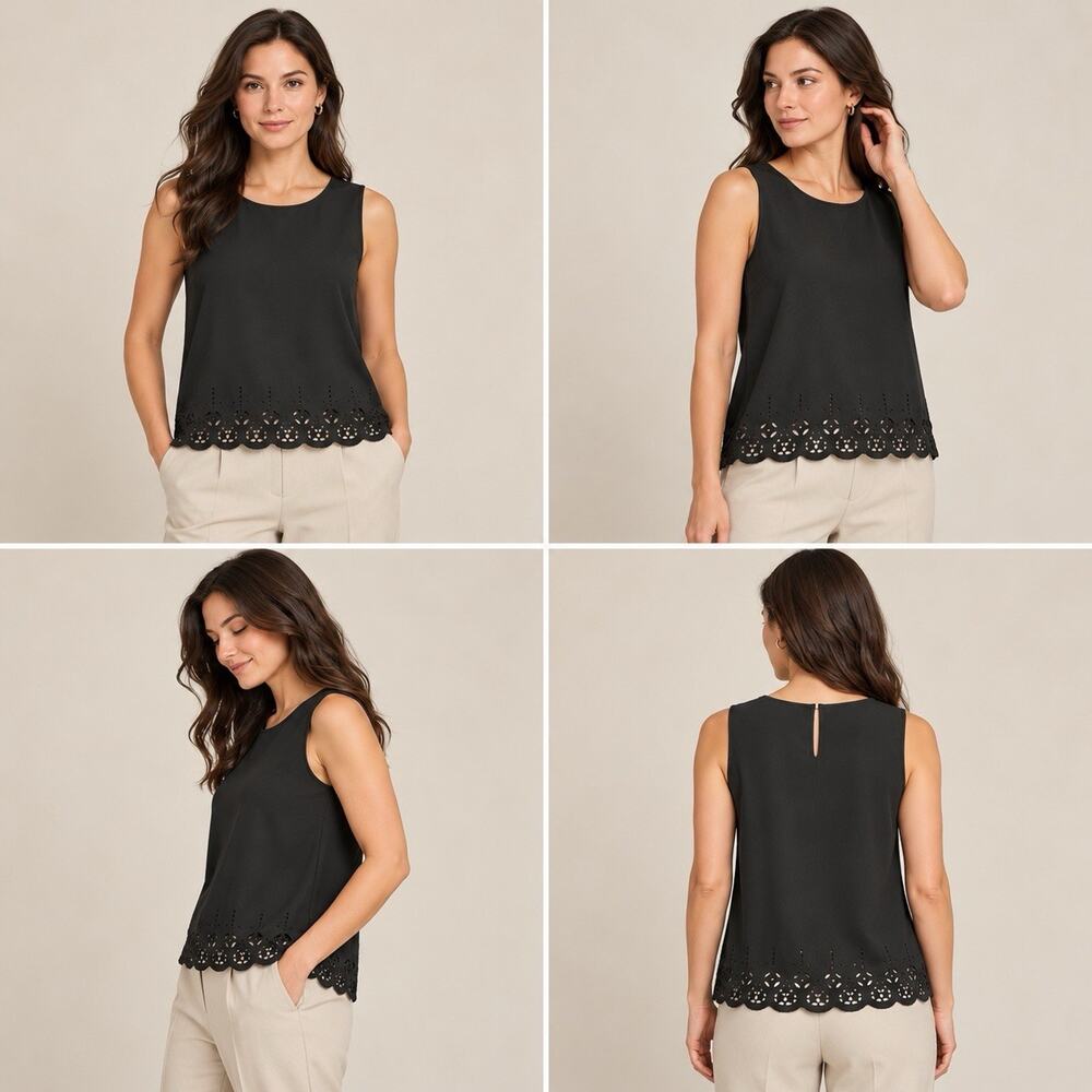 Banana Republic Women’s Black Sleeveless Top Eyelet Cutout Hem